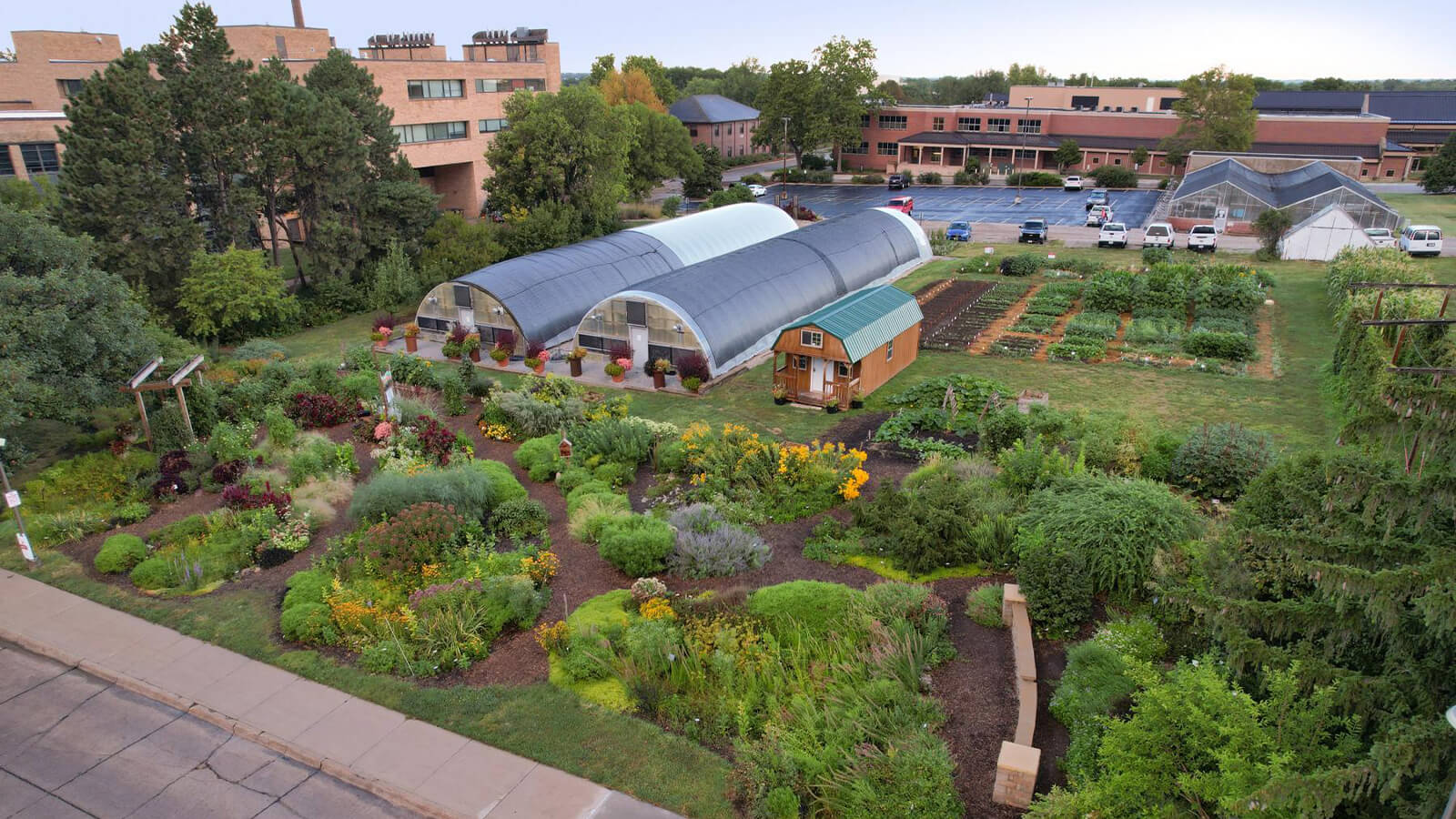 Aerial shot of greenhouses on campus