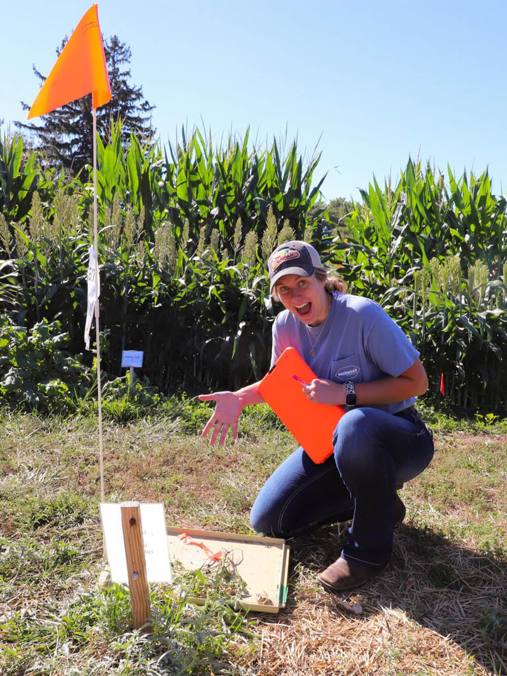 Woman kneels in front of small sign, try with plants and orange flag on small poll near field of crops.