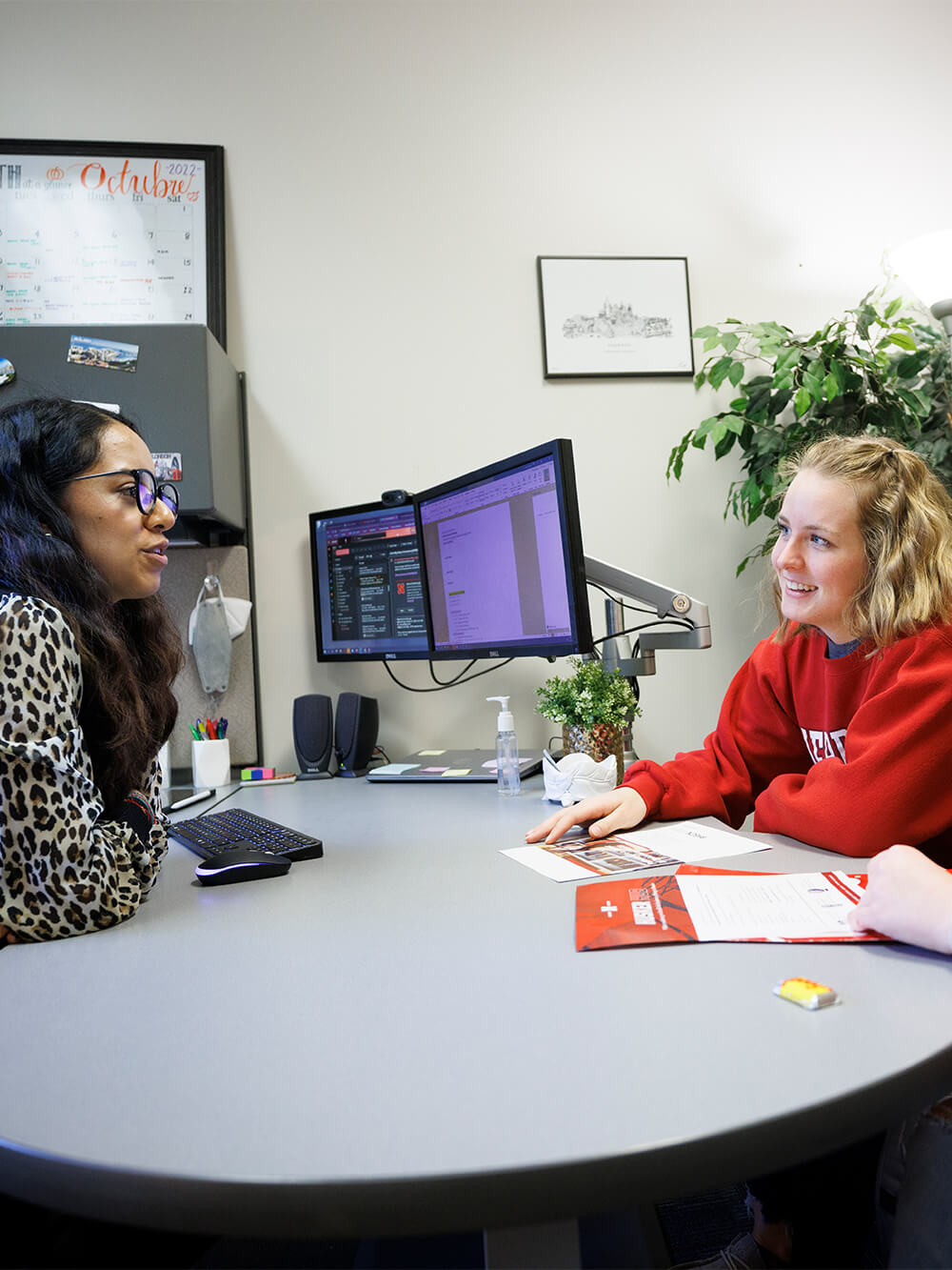 Students sit at table talking with an advisor.