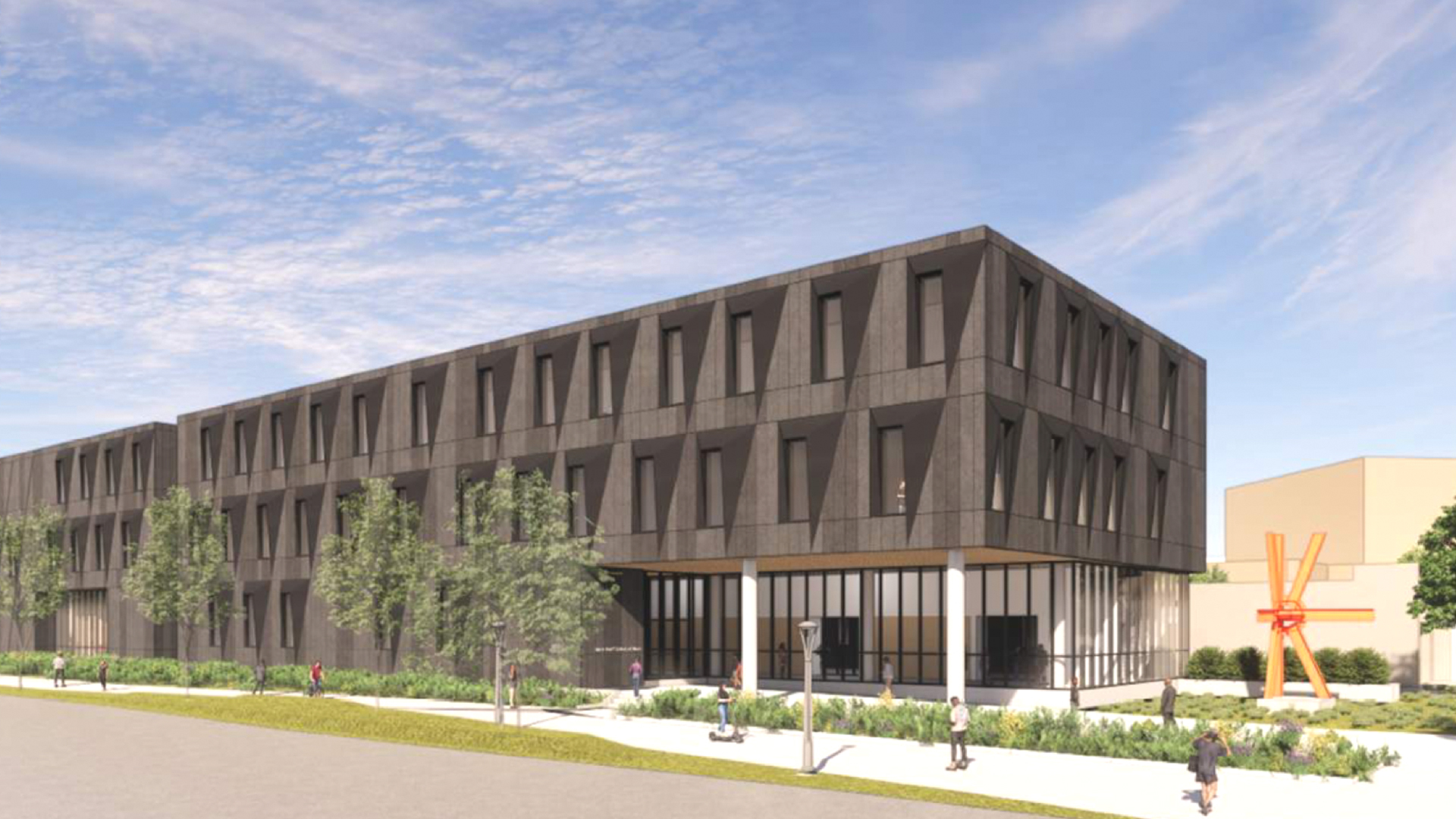 Architectural rendering of the new Westbrook Music Building estimated to be completed in Spring 2025